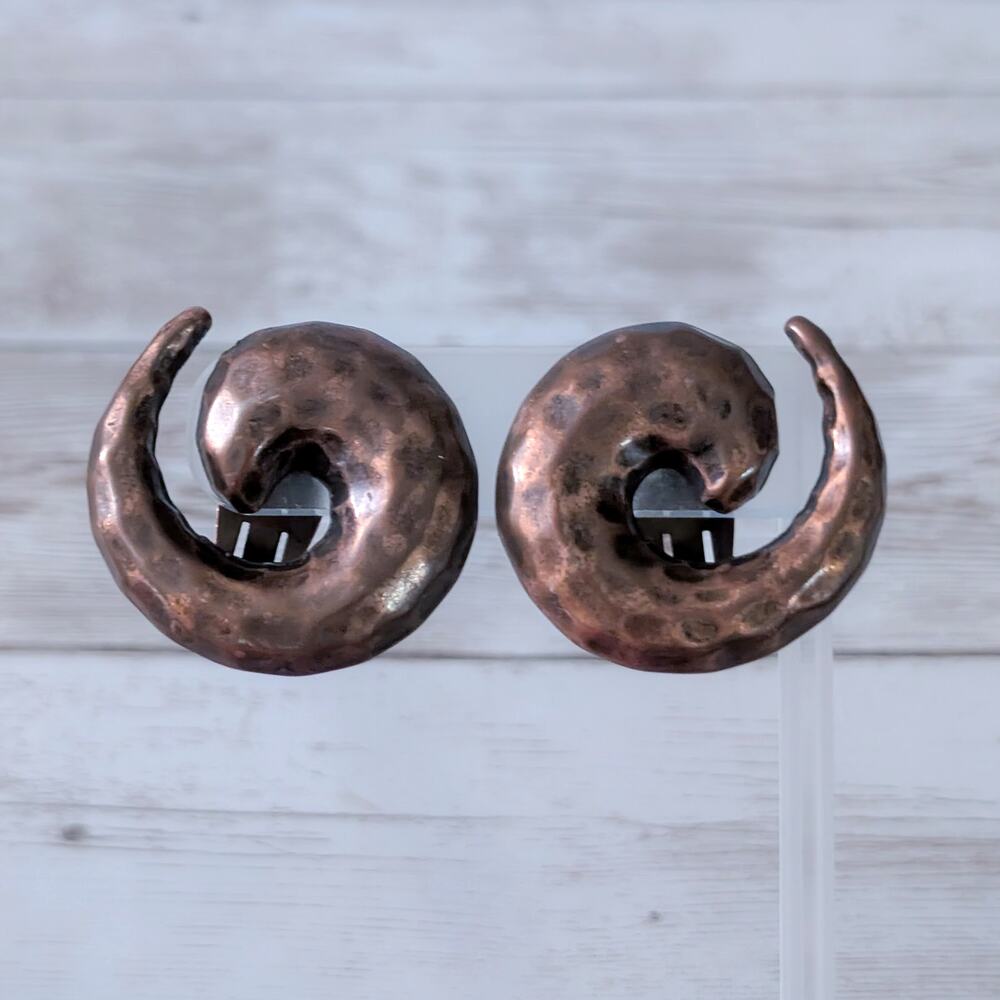 Vintage Clip On Earrings Very Large Brown Statement Metal 1 & 3/8" Oversized